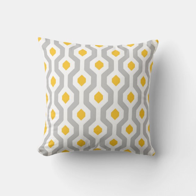 Geometric Hexagon Link Pattern Grey Yellow Cushion (Front)