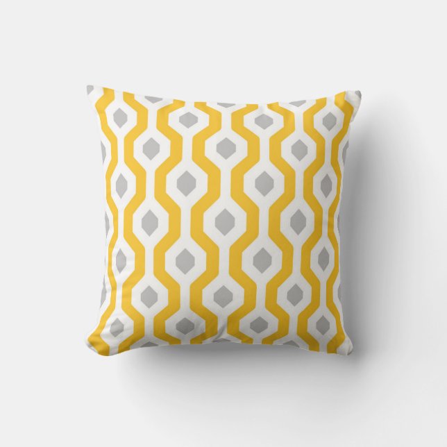 Geometric Hexagon Link Pattern Yellow Grey Cushion (Front)