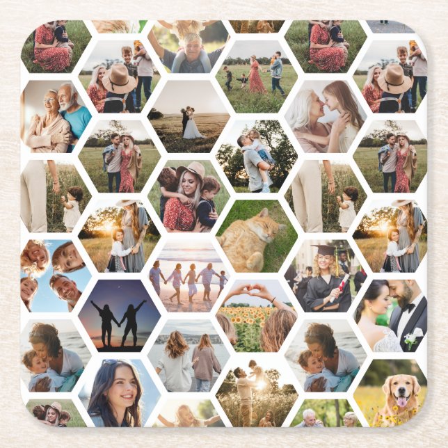Geometric Hexagon Pattern Photo Collage Square Paper Coaster (Front)