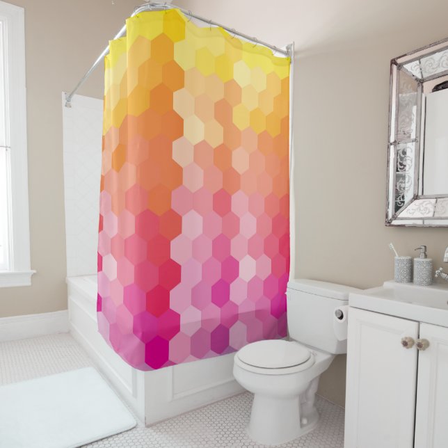 Geometric Hexagon Shapes Pink & Yellow Gradient Shower Curtain (In Situ)