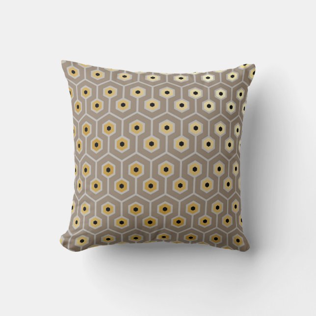Geometric Hexagons Pattern Taupe Grey Black Cream Cushion (Front)