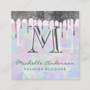 Geometric Holographic Background Glitter Drip Square Business Card