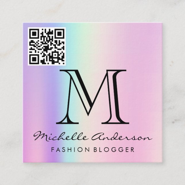 Geometric Holographic Background | QR Scan Label Square Business Card (Front)