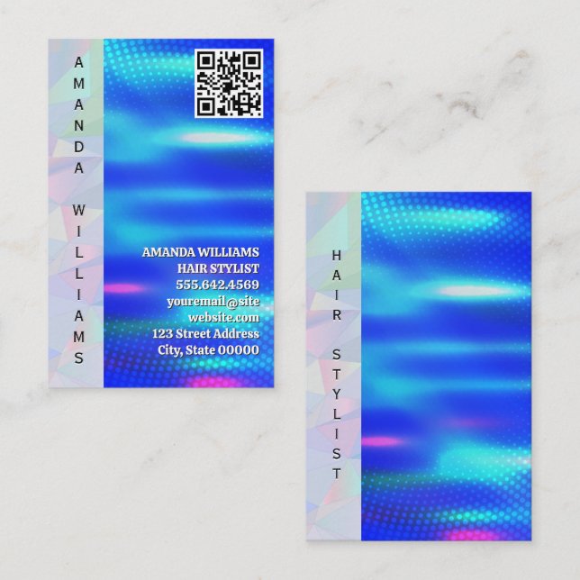 Geometric Holographic | QR Code | Blue Metallic Business Card (Front/Back)