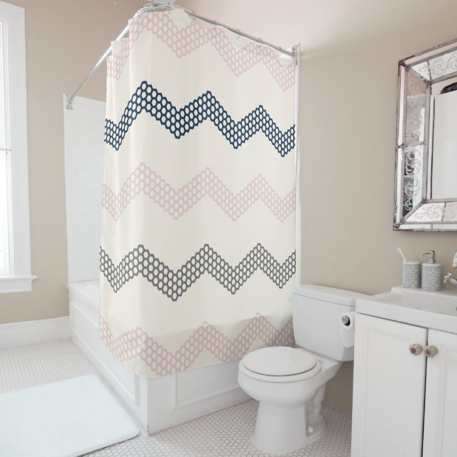 Geometric Honeycomb Chevron Pattern Navy Pink Grey Shower Curtain (In Situ)