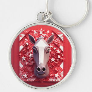 Geometric Horse Portrait in Vibrant Red and White Key Ring