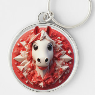 Geometric Horse Portrait in Vibrant Red and White Key Ring