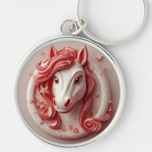Geometric Horse Portrait in Vibrant Red and White Key Ring