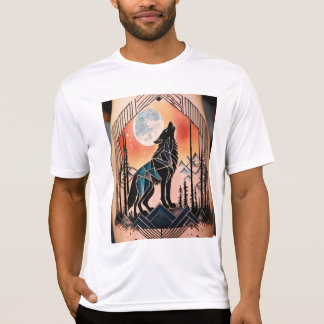 Geometric Howling Wolf Tattoo with Night Landscape T-Shirt
