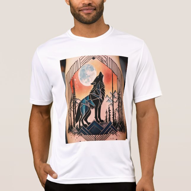 Geometric Howling Wolf Tattoo with Night Landscape T-Shirt (Front)