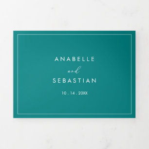 Geometric Idyllic Calligraphy Teal Wedding  Tri-Fold Invitation