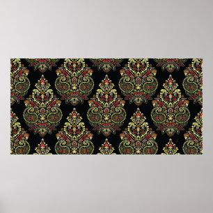 Geometric indianpaisley Design pattern on black ba Poster
