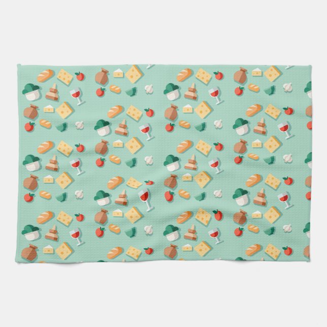 Geometric ingredients and a wine glass on mint tea towel (Horizontal)