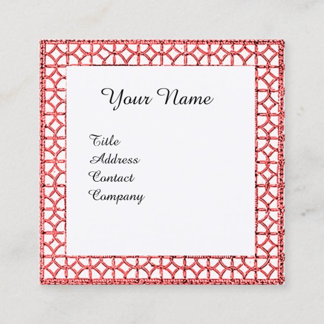 GEOMETRIC LACE RED RUBY GEM STONE MONOGRAM White Square Business Card (Front)