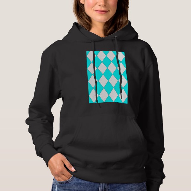 Geometric Large Harlequin Pattern Aqua And White Hoodie (Front)
