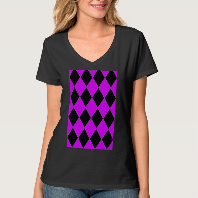 Geometric Large Harlequin Pattern Purple And Black T-Shirt (Front)
