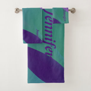 Geometric lavender turquoise violet with name bath towel set