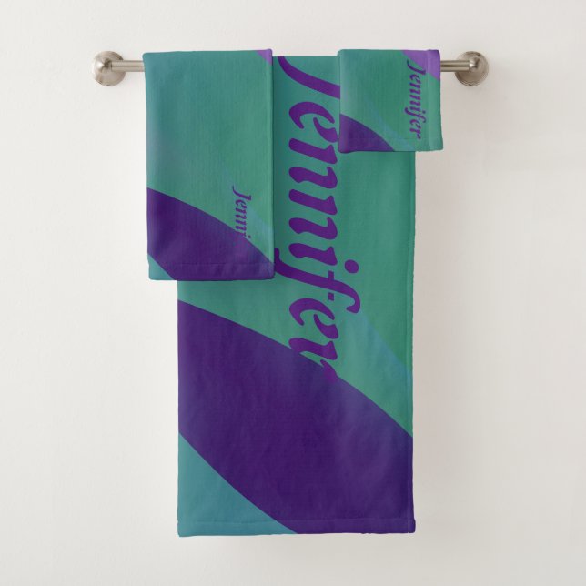 Geometric  lavender  turquoise violet with name bath towel set (Insitu)