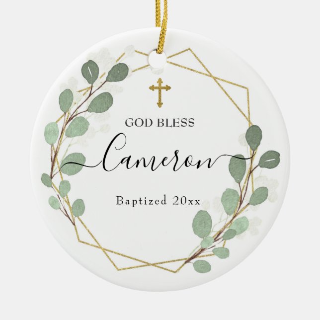 Geometric Leaf Greenery Baptised Ceramic Tree Decoration (Front)