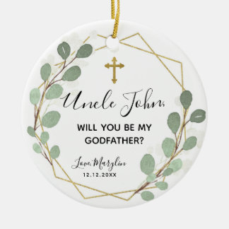 Geometric Leaf Greenery Will you be Godmother Ceramic Tree Decoration