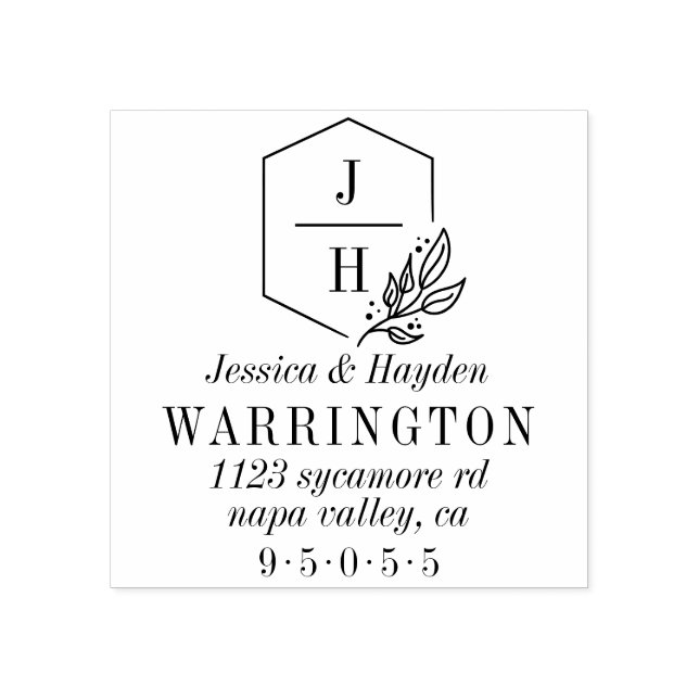 Geometric Leaf Monogram Frame | Wedding Address Rubber Stamp (Imprint)