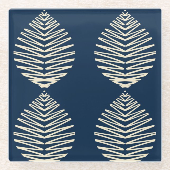 Geometric Leaves | Navy & Beige Glass Coaster (Front)