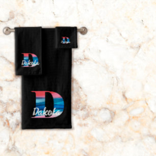 Geometric letter D coral pink monogram black white Bath Towel Set