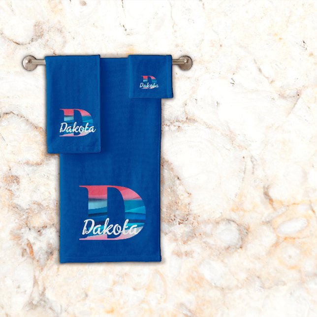 Geometric letter D coral pink monogram dark blue  Bath Towel Set (Creator Uploaded)