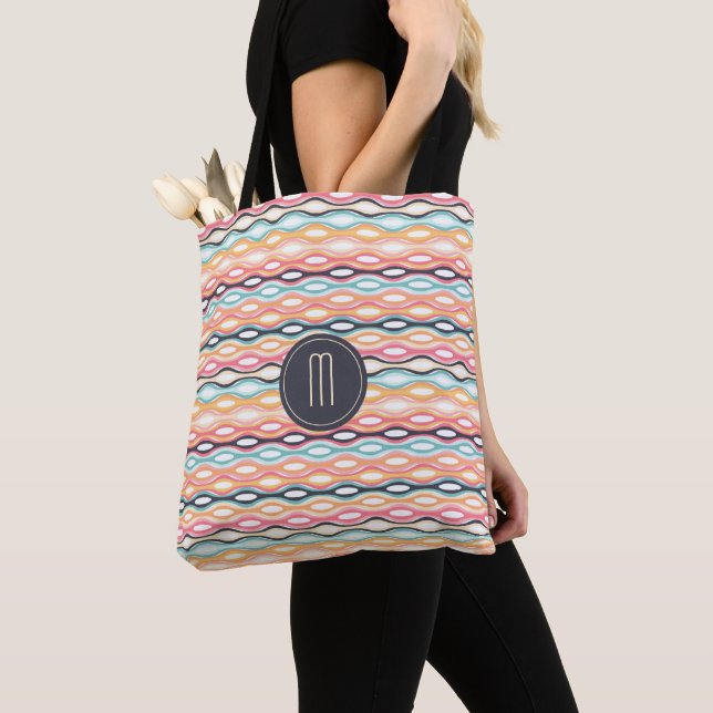 Geometric Line Retro Pattern Monogram Tote Bag (Close Up)