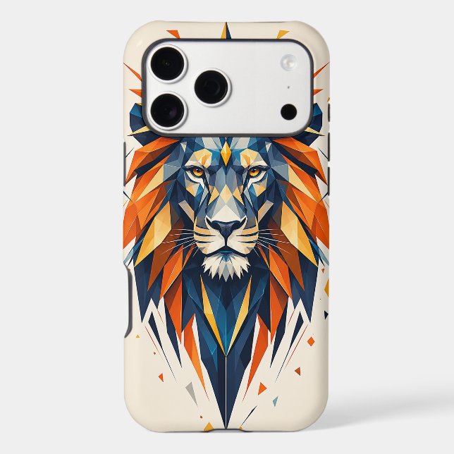Geometric Lion Orange and Blue Polygonal Art (Back)