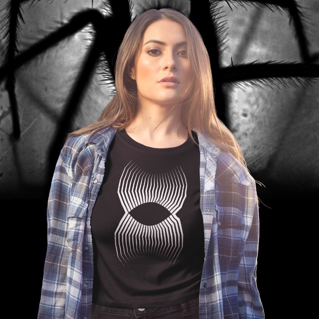 Geometric Long Leg Plus Size T-Shirt (Women posing near a horror background.)