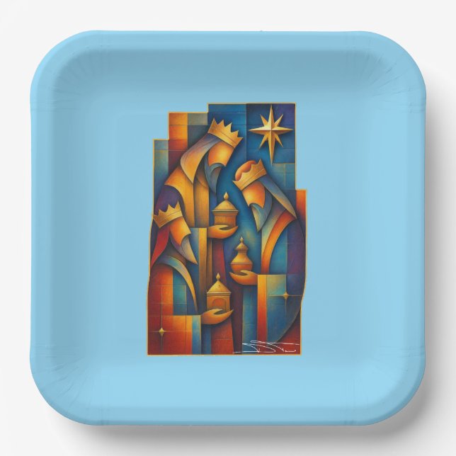 Geometric Magi - Three Wise Men Christmas Star Art Paper Plate (Front)