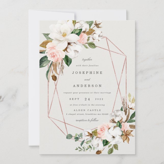 Geometric Magnolia Cotton Wedding Invitation (Front)