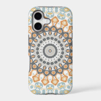 Geometric Mandala in Orange, Grey, and Blue