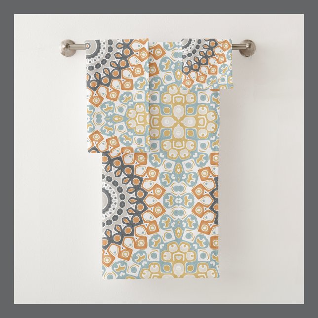 Geometric Mandala in Orange, Grey, and Blue Bath Towel Set (Creator Uploaded)