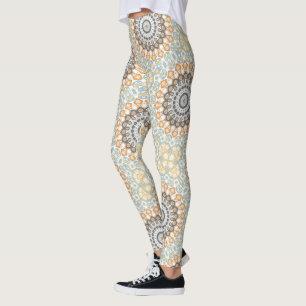 Geometric Mandala in Orange, Grey, and Blue Leggings