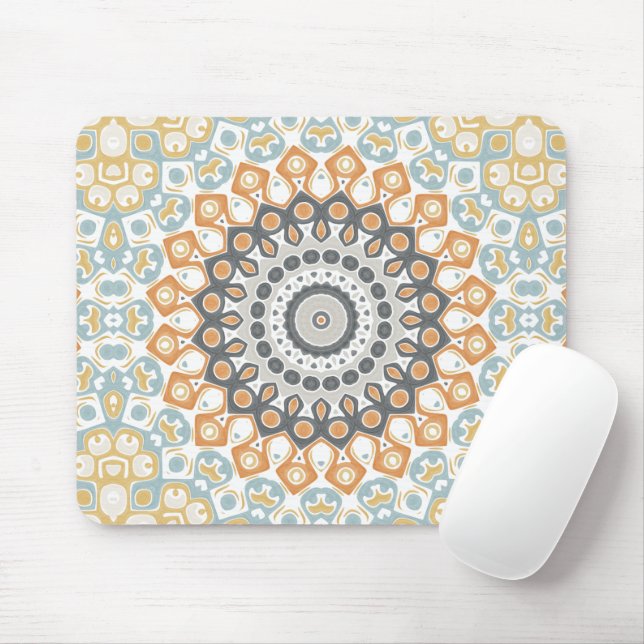 Geometric Mandala in Orange, Grey, and Blue Mouse Pad (With Mouse)
