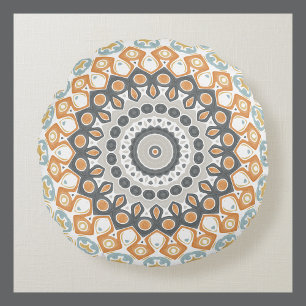Geometric Mandala in Orange, Grey, and Blue Round Cushion
