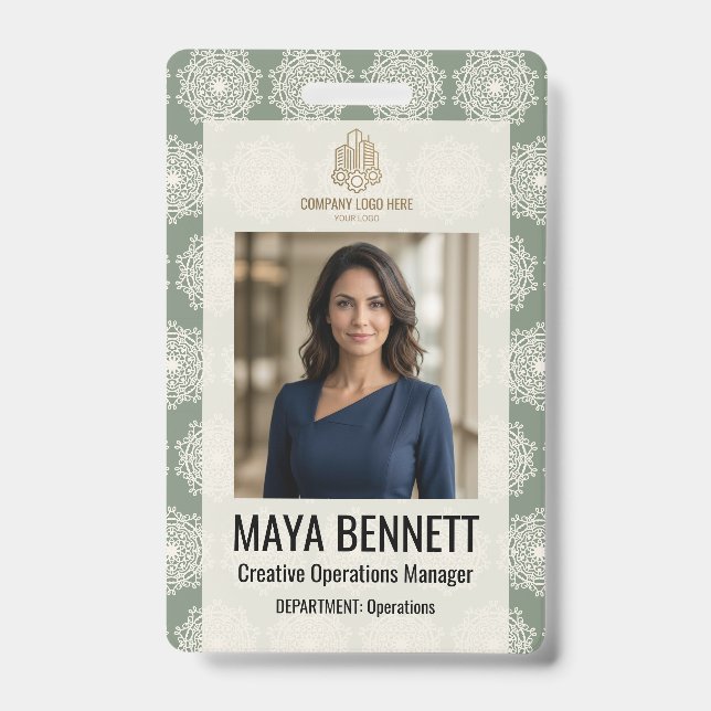 Geometric Mandala Sage Cream ID Badge (Front)