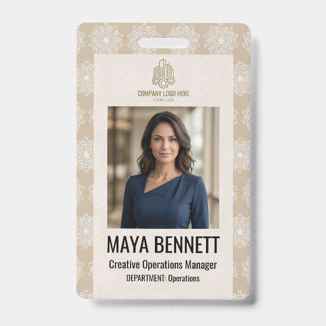 Geometric Mandala Warm Beige Ivory ID Badge (Front)