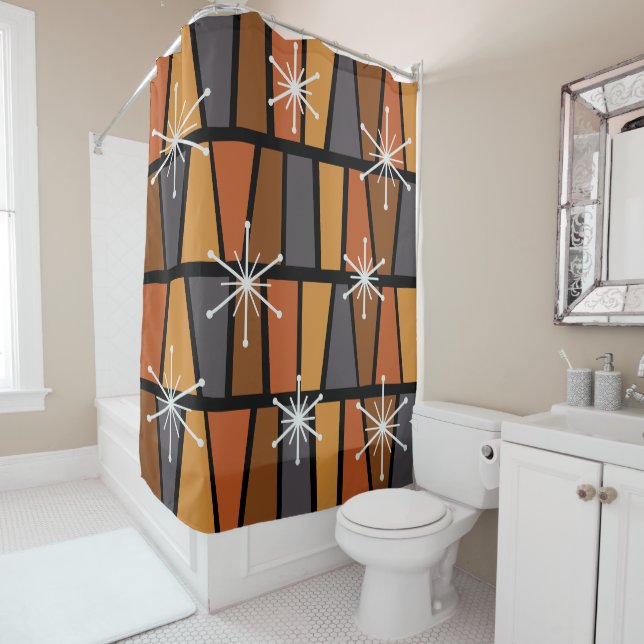 Geometric MCM Abstract Burnt Orange Shower Curtain (In Situ)