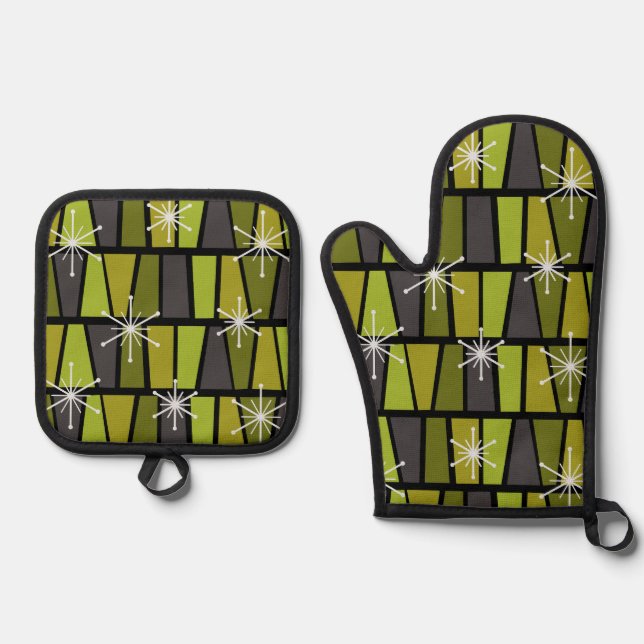 Geometric MCM Abstract Olive Green Oven Mitt & Pot Holder Set (Front)