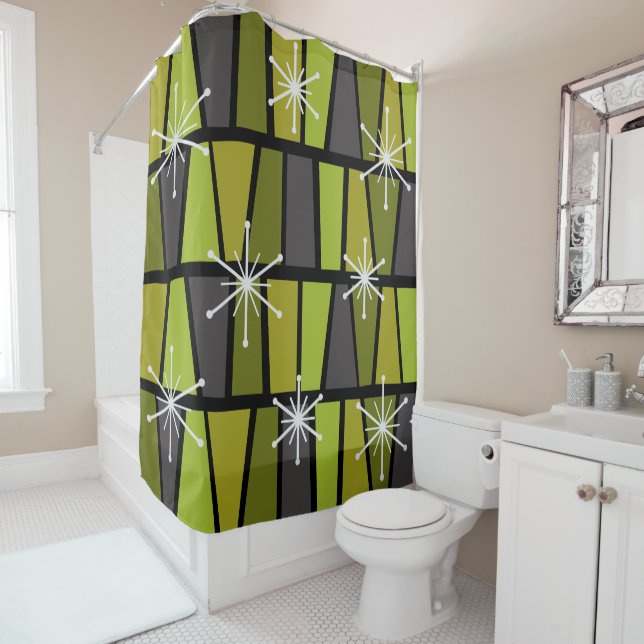 Geometric MCM Abstract Olive Green Shower Curtain (In Situ)