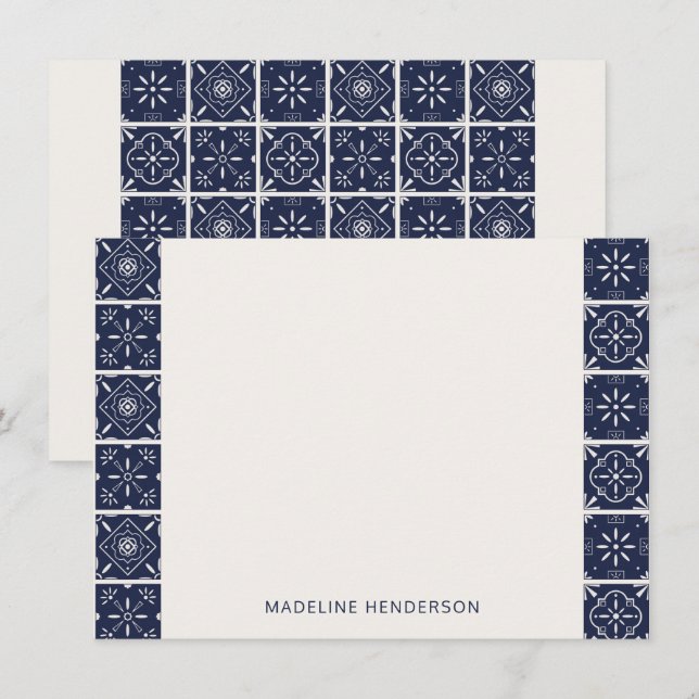 Geometric Mediterranean Tiles Dark Blue Monogram Card (Front/Back)