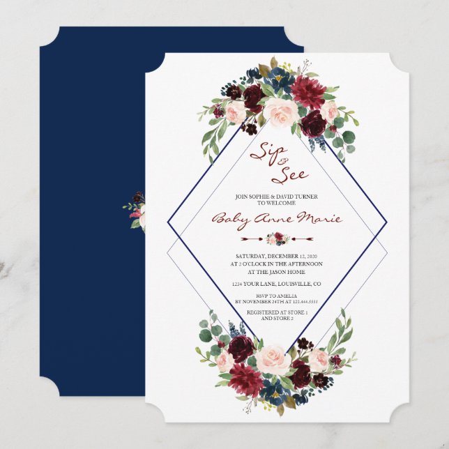 Geometric Merlot Navy Floral Sip & See Baby Shower Invitation (Front/Back)