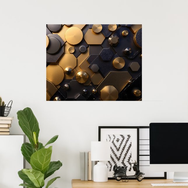 Geometric Metallic Abstract Wall Art – Gold and Bl (Home Office)