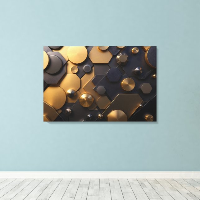 Geometric Metallic Abstract Wall Art – Gold and Bl (Insitu(Wood Floor))