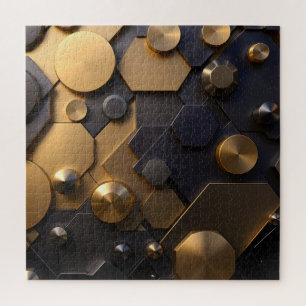 Geometric Metallic Abstract Wall Art – Gold and Bl Jigsaw Puzzle