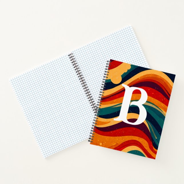 Geometric Mid Century Retro Waves Rainbow Monogram Notebook (Inside)