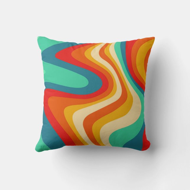 Geometric Mid Century Retro Waves Rainbow Trendy Cushion (Back)